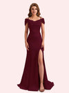 Simple Mermaid Cold Shoulder Soft Satin Lace Long Matron of Honor Dress For Wedding