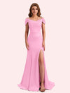 Simple Mermaid Cold Shoulder Soft Satin Lace Long Matron of Honor Dress For Wedding