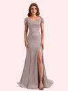 Simple Mermaid Cold Shoulder Soft Satin Lace Long Matron of Honor Dress For Wedding