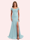 Simple Mermaid Cold Shoulder Soft Satin Lace Long Matron of Honor Dress For Wedding