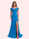 Simple Mermaid Cold Shoulder Soft Satin Lace Long Matron of Honor Dress For Wedding
