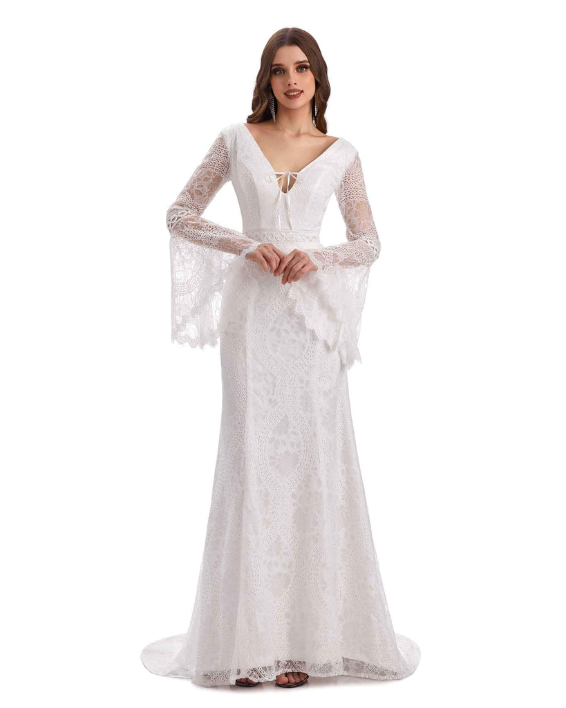 Sexy Mermaid Long Sleeves V-neck Maxi Long Lace Wedding Dresses Online