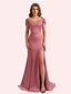 Simple Mermaid Cold Shoulder Soft Satin Lace Long Matron of Honor Dress For Wedding