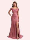 Simple Mermaid Cold Shoulder Soft Satin Lace Long Matron of Honor Dress For Wedding