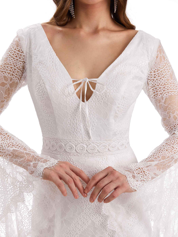 Sexy Mermaid Long Sleeves V-neck Maxi Long Lace Wedding Dresses Online