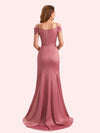 Simple Mermaid Cold Shoulder Soft Satin Lace Long Matron of Honor Dress For Wedding