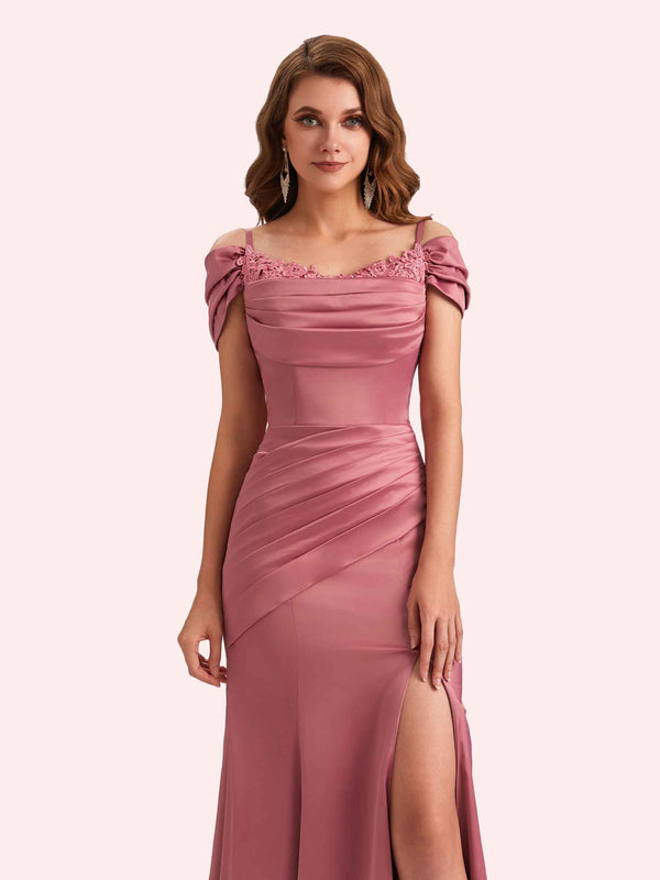 Simple Mermaid Cold Shoulder Soft Satin Lace Long Matron of Honor Dress For Wedding
