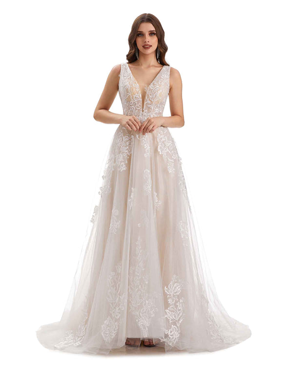 Gorgeous A-line V-neck Maxi Long Lace Wedding Dresses Online