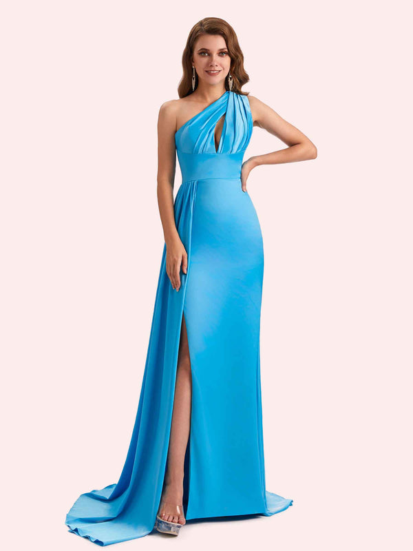 Simple Mermaid One Shoulder Soft Satin Long Matron of Honor Dress For Wedding