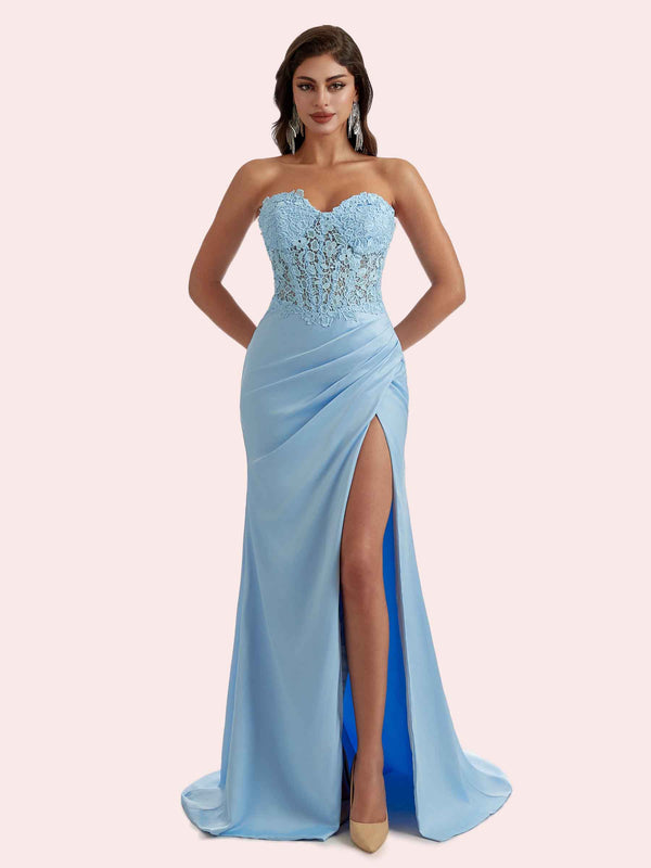Gorgeous Strapless Sweetheart Lace Appliques Mermaid Side Slit Soft Satin Long Bridesmaid Dress For Wedding