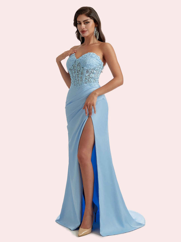Gorgeous Strapless Sweetheart Lace Appliques Mermaid Side Slit Soft Satin Long Bridesmaid Dress For Wedding