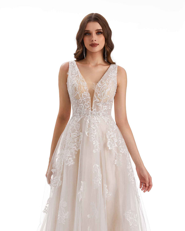 Gorgeous A-line V-neck Maxi Long Lace Wedding Dresses Online