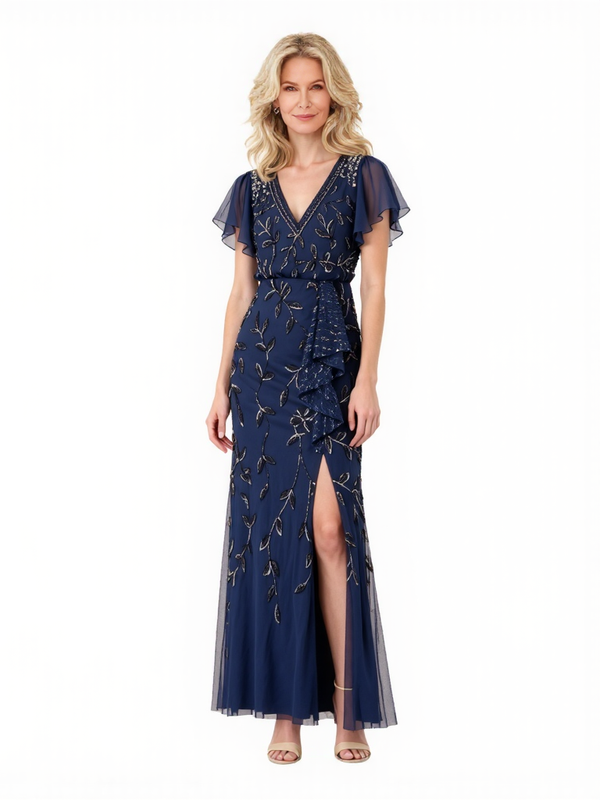 Elegant Flutter Sleeves Lace Applique V-Neck Side Slit Chiffon Ankle-Length Mother Of The Bride Dresses