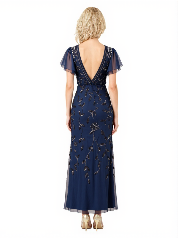 Elegant Flutter Sleeves Lace Applique V-Neck Side Slit Chiffon Ankle-Length Mother Of The Bride Dresses