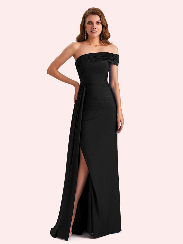Cetims Sexy One Sleeve Side Split Stretch Jersey Long Mermaid Bridesmaid Dresses Online Black