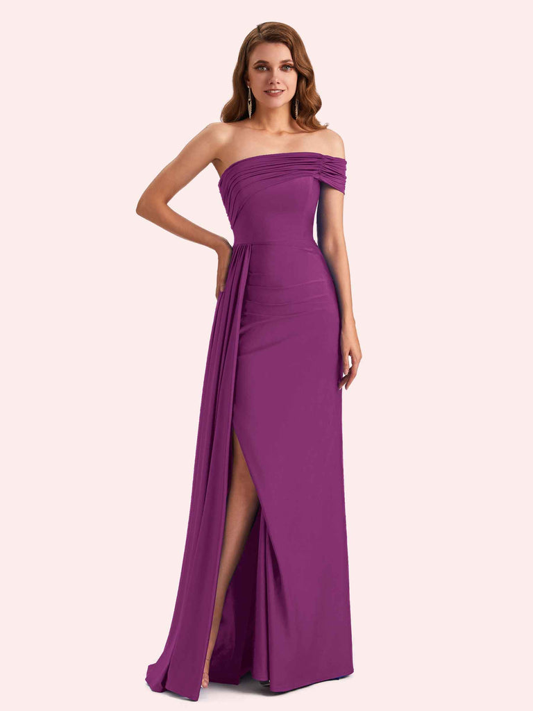 Cetims Sexy One Sleeve Side Split Stretch Jersey Long Mermaid Bridesmaid Dresses Online Purple