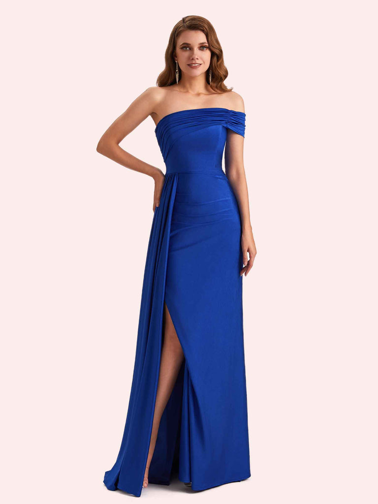 Cetims Sexy One Sleeve Side Split Stretch Jersey Long Mermaid Bridesmaid Dresses Online Blue