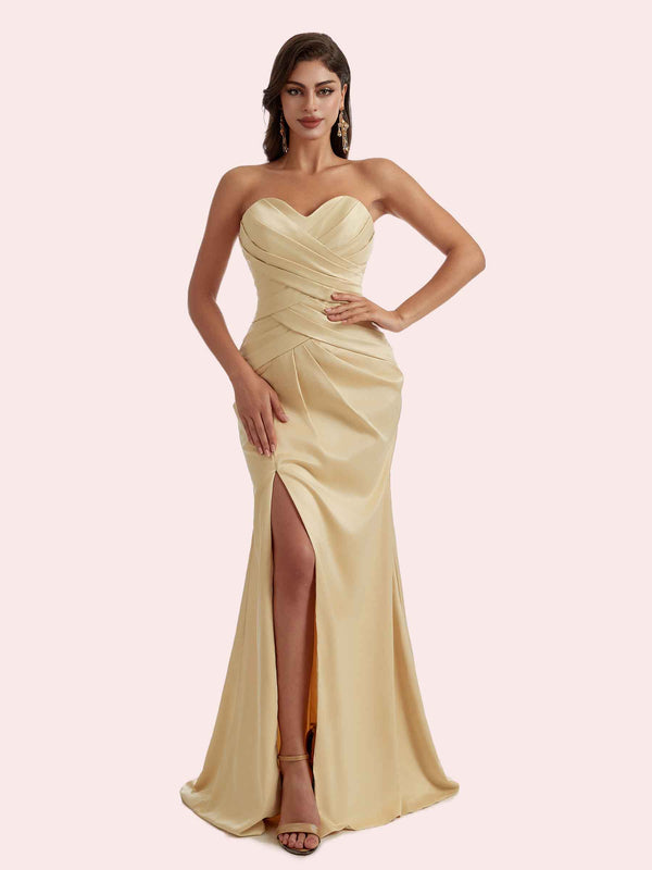 Gorgeous Strapless Sweetheart Mermaid Pleats Side Slit Soft Satin Long Bridesmaid Dress For Wedding
