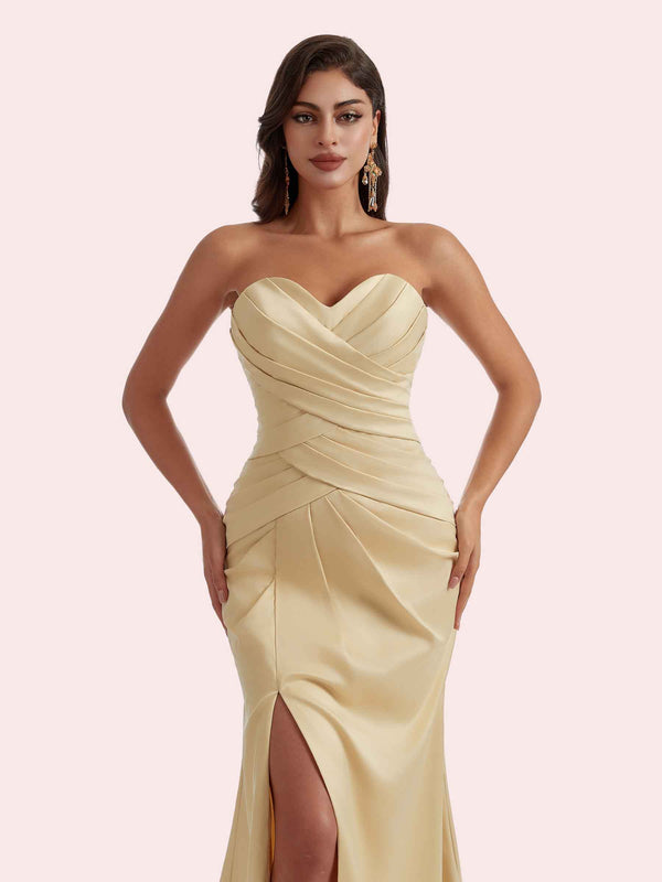 Gorgeous Strapless Sweetheart Mermaid Pleats Side Slit Soft Satin Long Bridesmaid Dress For Wedding