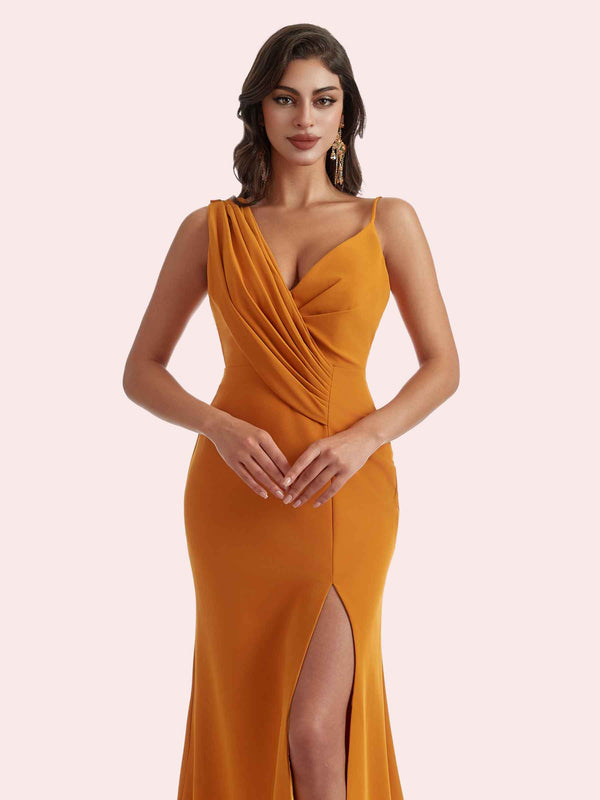 Gorgeous Mermaid Side Slit V Neck Crepe Long Bridesmaid Dress For Wedding