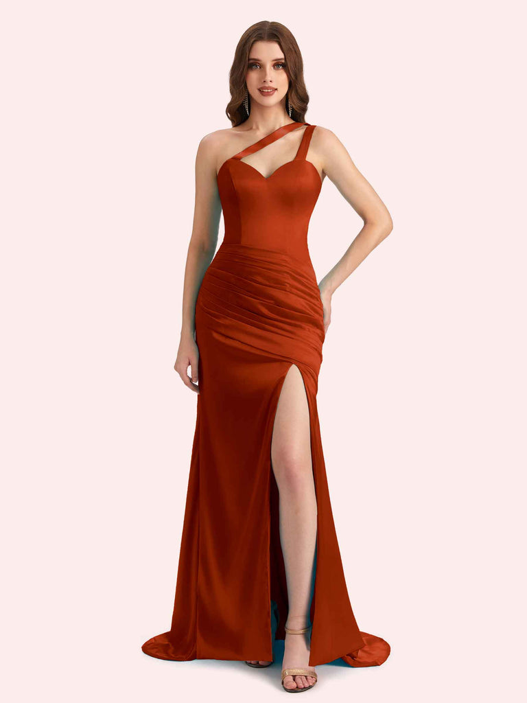 Sexy Side Slit One Shoulder Straps Mermaid Soft Satin Long Matron of Honor Dress For Wedding