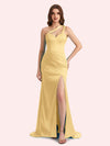 Sexy Side Slit One Shoulder Straps Mermaid Soft Satin Long Matron of Honor Dress For Wedding