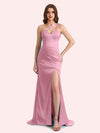 Sexy Side Slit One Shoulder Straps Mermaid Soft Satin Long Matron of Honor Dress For Wedding