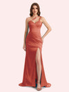 Sexy Side Slit One Shoulder Straps Mermaid Soft Satin Long Matron of Honor Dress For Wedding