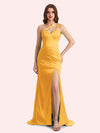 Sexy Side Slit One Shoulder Straps Mermaid Soft Satin Long Matron of Honor Dress For Wedding