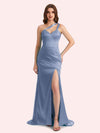 Sexy Side Slit One Shoulder Straps Mermaid Soft Satin Long Matron of Honor Dress For Wedding