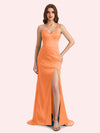 Sexy Side Slit One Shoulder Straps Mermaid Soft Satin Long Matron of Honor Dress For Wedding