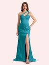 Sexy Side Slit One Shoulder Straps Mermaid Soft Satin Long Matron of Honor Dress For Wedding