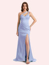 Sexy Side Slit One Shoulder Straps Mermaid Soft Satin Long Matron of Honor Dress For Wedding