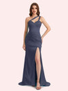 Sexy Side Slit One Shoulder Straps Mermaid Soft Satin Long Matron of Honor Dress For Wedding