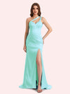Sexy Side Slit One Shoulder Straps Mermaid Soft Satin Long Matron of Honor Dress For Wedding