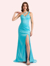 Sexy Side Slit One Shoulder Straps Mermaid Soft Satin Long Matron of Honor Dress For Wedding