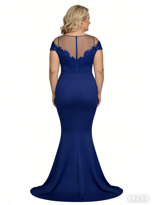 Elegant Mermaid Illusion Cap Sleeves Crepe Lace Long Mother of the Brides and Groom Dresses
