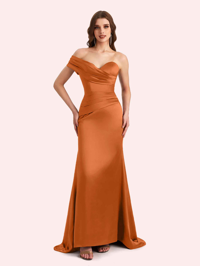 Sexy One Shoulder Pleats Mermaid Soft Satin Long Matron of Honor Dress For Wedding