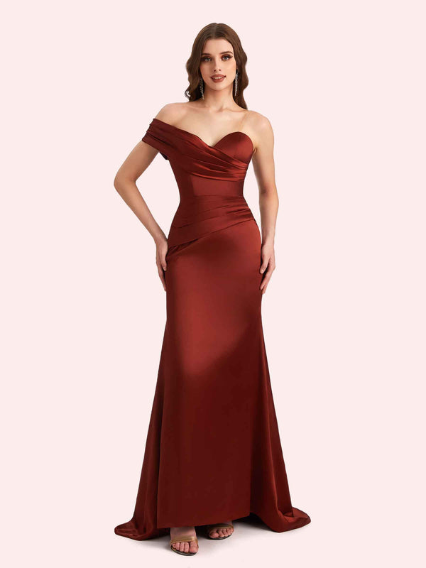 Sexy One Shoulder Pleats Mermaid Soft Satin Long Matron of Honor Dress For Wedding