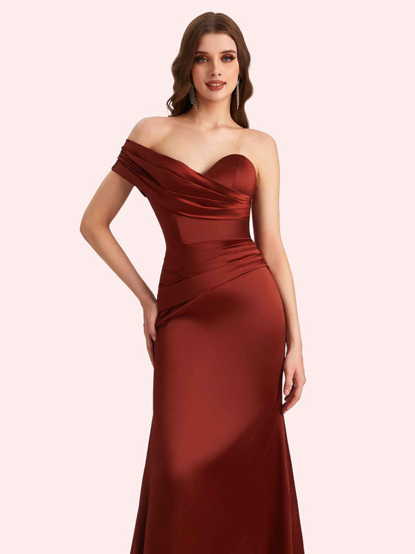Sexy One Shoulder Pleats Mermaid Soft Satin Long Matron of Honor Dress For Wedding