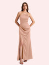 Sexy Side Slit One Shoulder Mermaid Soft Satin Long Matron of Honor Dress For Wedding