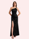 Sexy Side Slit One Shoulder Mermaid Soft Satin Long Matron of Honor Dress For Wedding