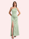 Sexy Side Slit One Shoulder Mermaid Soft Satin Long Matron of Honor Dress For Wedding