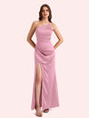 Sexy Side Slit One Shoulder Mermaid Soft Satin Long Matron of Honor Dress For Wedding