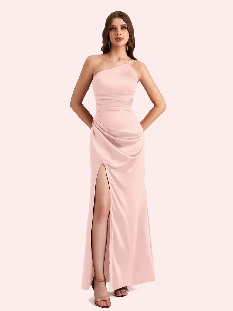 Sexy Side Slit One Shoulder Mermaid Soft Satin Long Matron of Honor Dress For Wedding