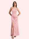 Sexy Side Slit One Shoulder Mermaid Soft Satin Long Matron of Honor Dress For Wedding