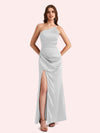 Sexy Side Slit One Shoulder Mermaid Soft Satin Long Matron of Honor Dress For Wedding