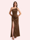 Sexy Side Slit One Shoulder Mermaid Soft Satin Long Matron of Honor Dress For Wedding