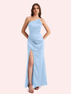 Sexy Side Slit One Shoulder Mermaid Soft Satin Long Matron of Honor Dress For Wedding