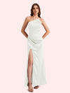 Sexy Side Slit One Shoulder Mermaid Soft Satin Long Matron of Honor Dress For Wedding